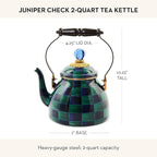 MACKENZIE-CHILDS Enamel Tea Kettle, Cute Tea Kettle for Stovetop, 2 Quarts, Dark Green-and-Blue Juniper Check