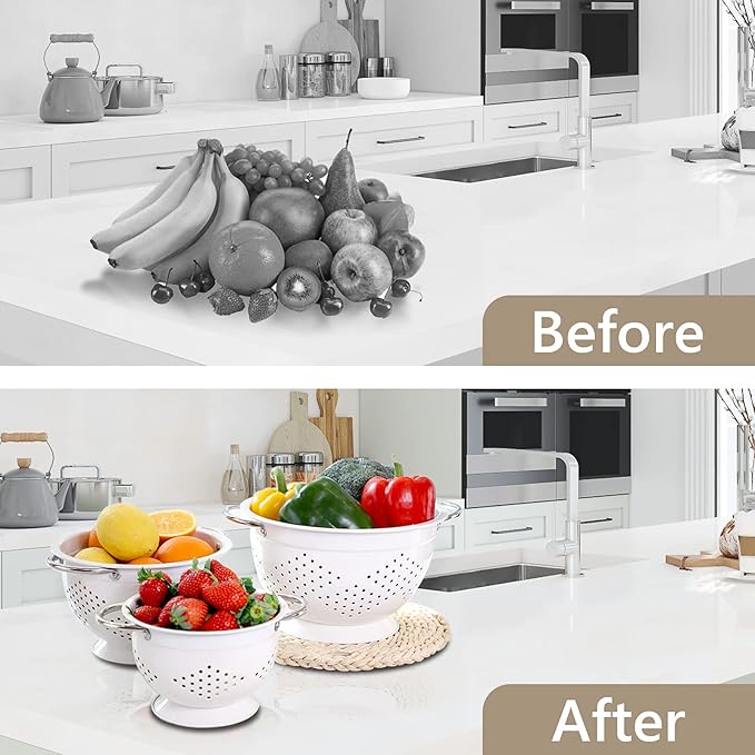 Hillbond Colander Set for Kitchen, 1.5, 3, 5 Qt Stainless Steel Handle Food Strainers and Colanders for Pasta, Vegetables, and Fruits, Coated Metal Kitchen Essential Colanders