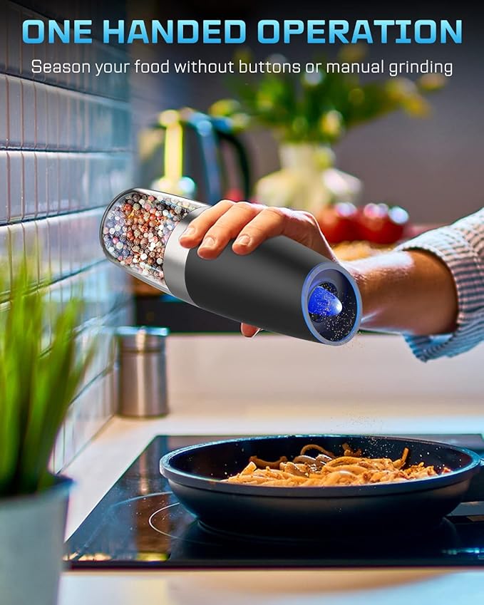 XinXu Gravity Automatic Electric Pepper and Salt Grinder, Auto Salt or Pepper Mill Shaker Stainless Steel,Blue LED Light,One Hand Operated, Black