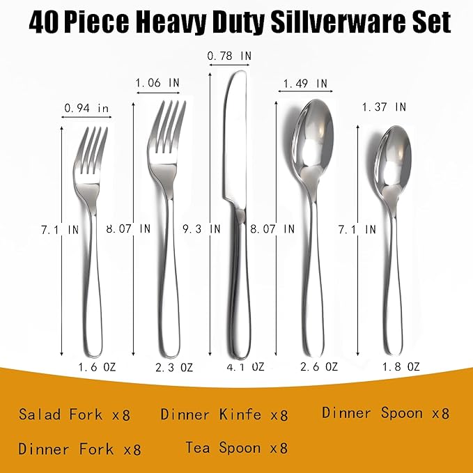 40-Piece Silverware Set, Flatware Set for 8, Food-Grade Stainless Steel Tableware Cutlery Set, Mirror Finished Utensil Sets for Home Restaurant, Forks Spoons and Knives Set, Dishwasher Safe