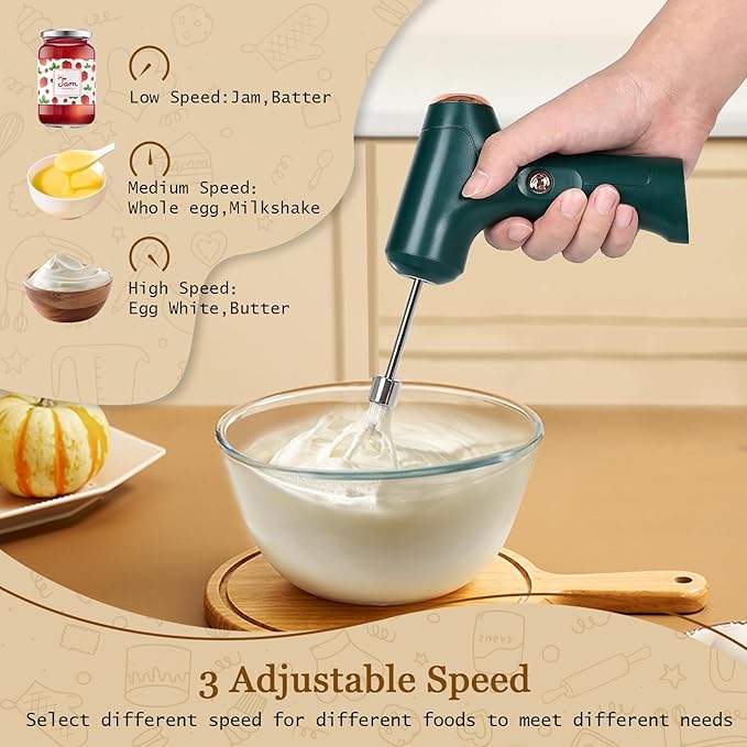 Cordless Hand Mixer, Handheld Electric Whisk with 3 Speed Modes, Hand Held Egg Beater with 2 Detachable Stir Whisks (Green)