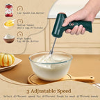 Cordless Hand Mixer, Handheld Electric Whisk with 3 Speed Modes, Hand Held Egg Beater with 2 Detachable Stir Whisks (Green)