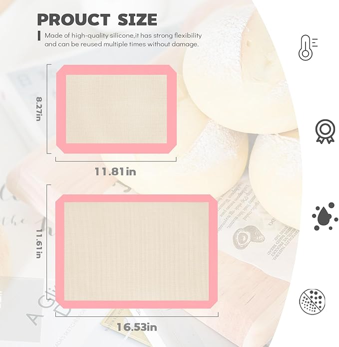 Silicone Baking Mat Set of 3, Silicone Baking Mats Cookie Sheet, Non-Stick Mats for Baking, Easy Clean & Reusable Oven Baking Sheet for Making Macaroons, Cookies (Pink)