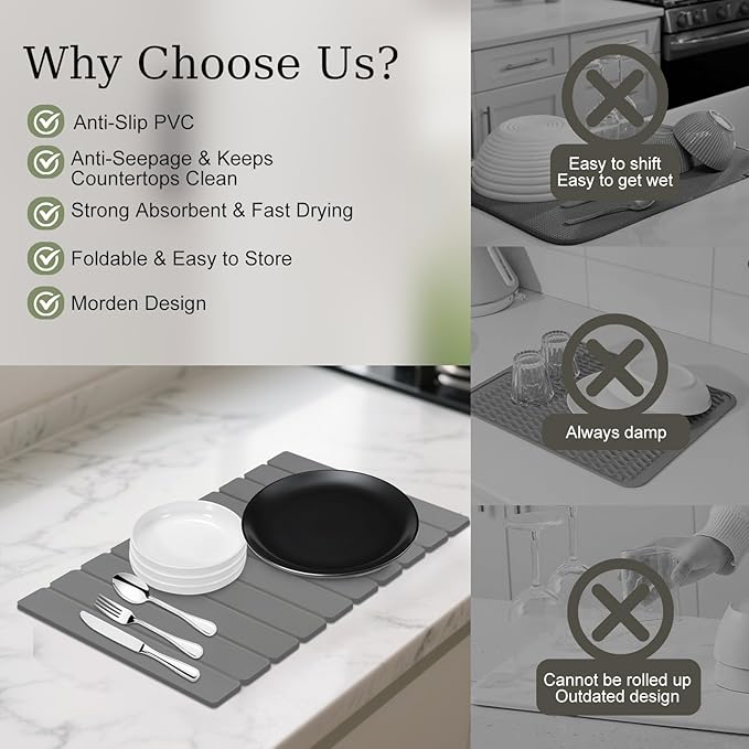 Hopegiver Stone Drying Mat for Kitchen Counter, 23.62"x15.35" Dark Gray Quick Drying Stone Mat, Super Absorbent Diatomaceous Earth Dish Drying Mat for Counter, Collapsible Design with Sanding Tools