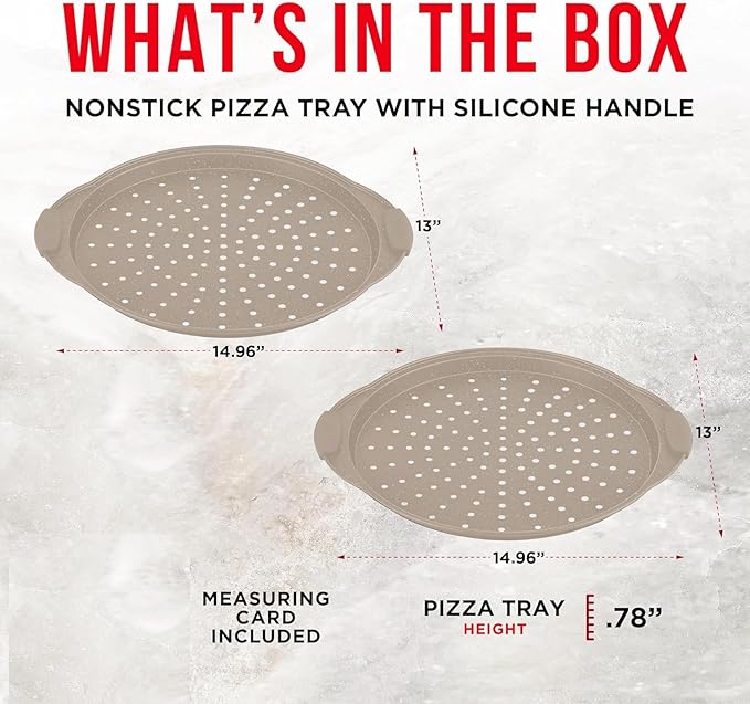 Non-Stick Pizza Pan with Silicone Handle 1 Pack, 13 Inch Round Carbon Steel Tray with Perforated Holes, Dishwasher & Oven Safe Up To 450°F, PFOAPFOSPTFE Free, Durable Nonstick White Marble Coating