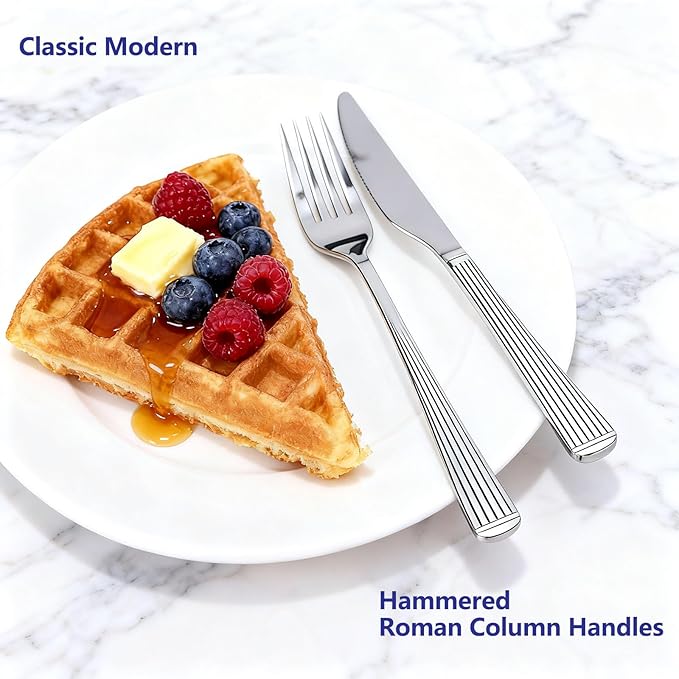 Yoehka 60-Piece Hammered Silverware Set for 12, Stainless Steel Flatware Set with Roman Column Handles, Mirror Polished Cutlery/Utensils Set for Home, Restaurant, Hotel, Dishwasher safe