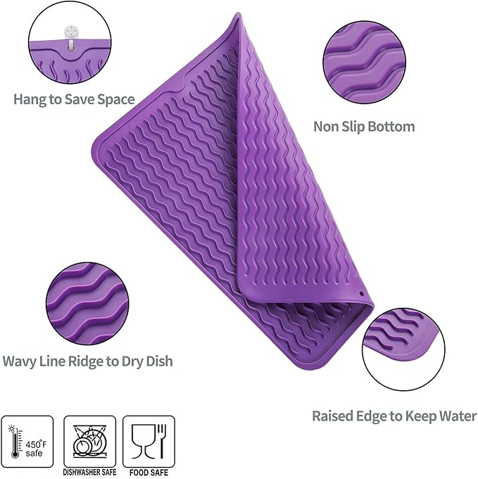Silicone Dish Drying Mat for Multiple Usage,Easy clean,Eco-friendly,Heat-resistant Silicone Mat for Kitchen Counter or Sink,Refrigerator or drawer liner Purple L 16 inches x 12 inches
