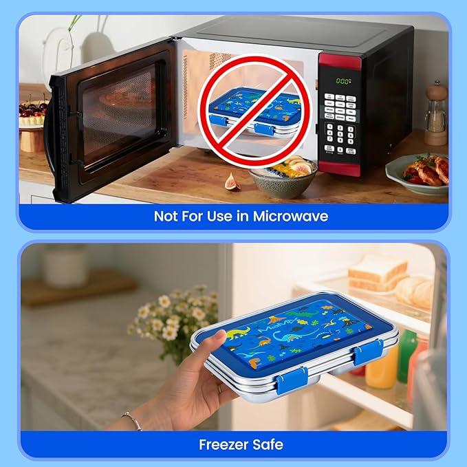 MaMix Stainless Steel Kids Lunch Box, 3 Compartments Leak-Proof Bento Box for Kids for Sandwich, Lunch Containers Freezer Safe (Blue)