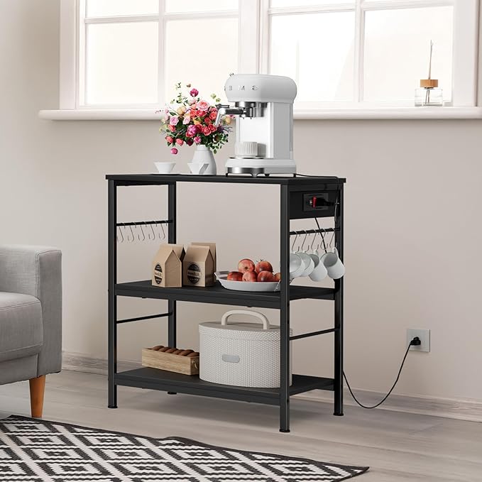 ETELI Bakers Rack with Power Outlet Black Coffee Station Cart Table on Wheels Microwave Stand Table with Storage Shelf for Kitchen Living Room Bedroom
