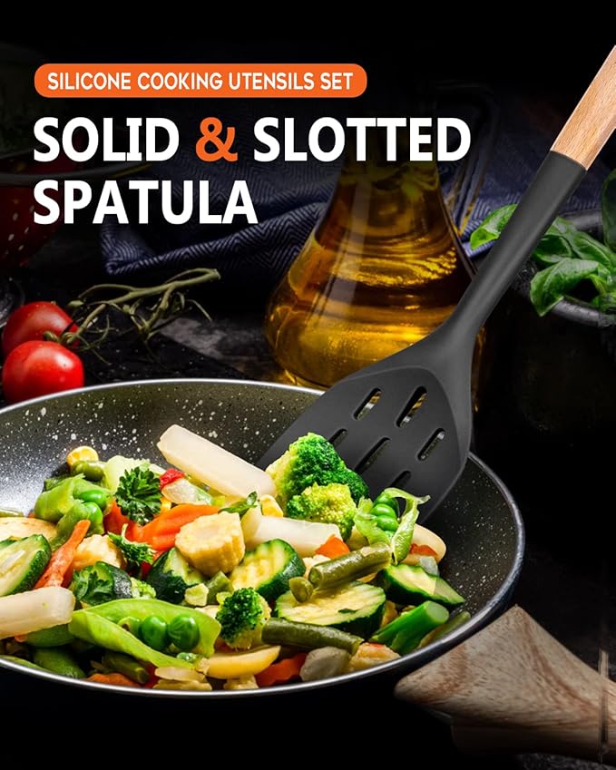 Pack of 2 Silicone Spatula, Non Stick Cooking Utensil Set Wooden Handle Kitchen Turner for Baking Mixing Grilling Serving Food Heat Resistant Non Scratch Hooks Included (Black)