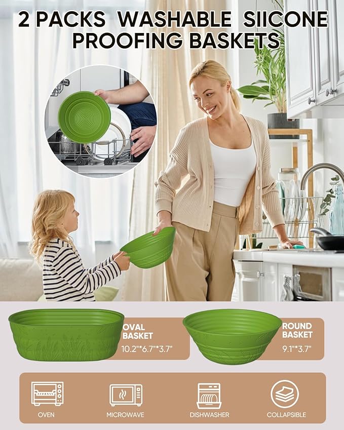 Sourdough Bread Baking Supplies 34 OZ Sourdough starter kit with 2 Bread Proofing Basket - Green