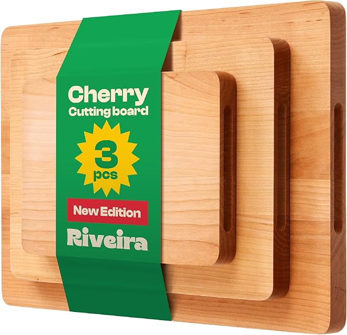 Riveira Cherry Wood Cutting Board – Versatile And Durable: Set Of 3 Pcs Rectangular Wooden Cutting Board – Natural Wooden Cutting Boards For Kitchen – Complete Cherry Wooden Chopping Board