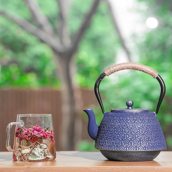 Cast Iron Tea Pot Japanese Tetsubin Tea Kettle with Stainless Steel Infuser,Tong and Iron Trivet Coated with Enamel Interior for Stovetop Safe 40 oz Blue cast iron teapot