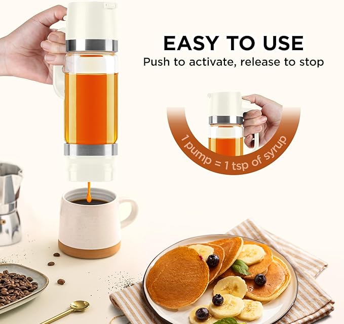 Aelga Coffee Syrup Dispenser, Honey Dispenser, 12 OZ Glass Syrup Bottles with Handle, No Drip Pouring, Coffee Bar Accessories for Coffee and Tea, White 2 Pack