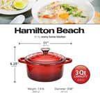 Hamilton Beach 3-Quart Enameled Cast Iron Dutch Oven with Lid | Heavy-Duty Pot for Braising, Roasting & Baking | Red