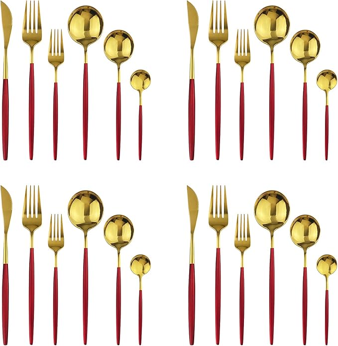 24Pcs Gold Mirror Silverware Flatware With Red Handle, 18/0 Stainless Steel Cutlery Set Utensils Kitchen Dinnerware Include Knife Fork Spoon and Teaspoon, Service for 4
