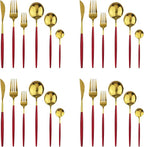 24Pcs Gold Mirror Silverware Flatware With Red Handle, 18/0 Stainless Steel Cutlery Set Utensils Kitchen Dinnerware Include Knife Fork Spoon and Teaspoon, Service for 4