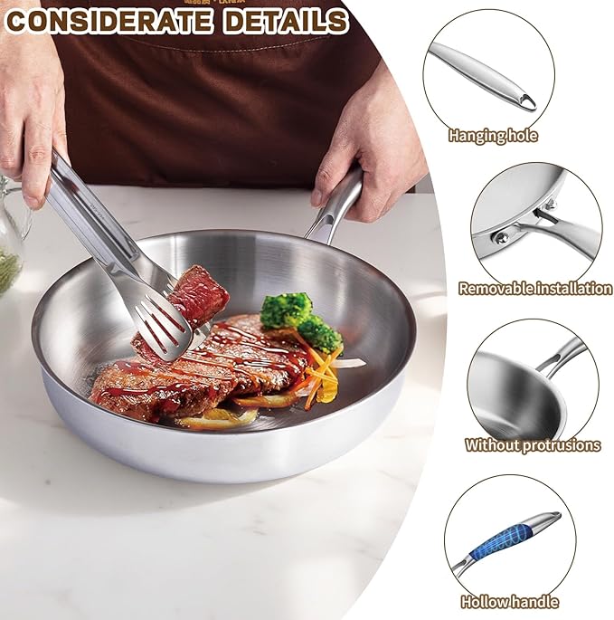 GOLDEN KEY Tri-Ply Stainless Steel Frying Pan with Lid,12 inch Skillets and Frying Pans,Stainless Steel Cookware Oven Safe 600F, Fast & Even Heat,Compatible with All Cooktops,Dishwasher Safe