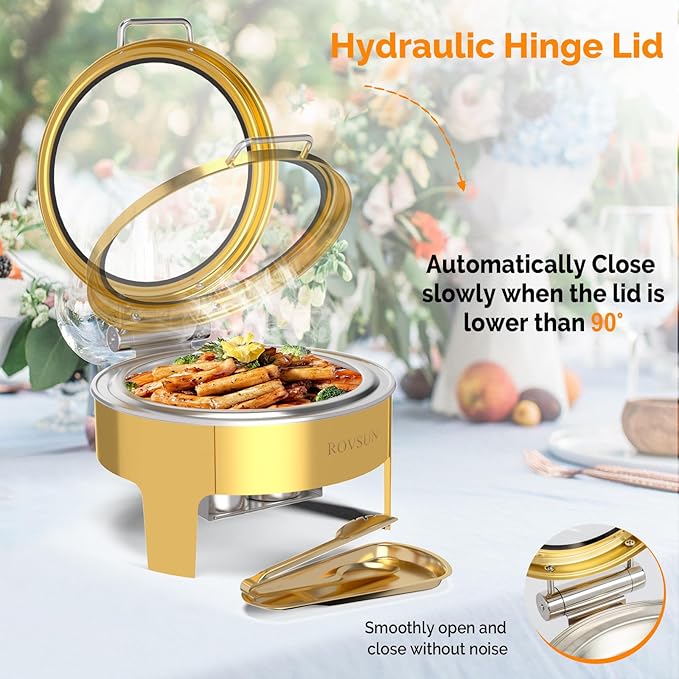 ROVSUN 6QT Gold Chafing Dishes for Buffet 3 Pack, Roll Top Chafing Dish Buffet Set, Round Chafers and Buffet Warmers Sets with Glass Lid & Serving Tong for Parties Weddings Catering Events Dinners