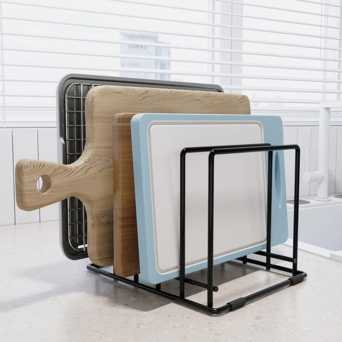 Baking Sheet Organizer Rack – 5-Slot Bakeware & Cookie Tray Holder for Kitchen Cabinet or Countertop, Compact Stainless Steel Cutting Board Rack with Rust-Resistant Frame & Anti-Slip Feet