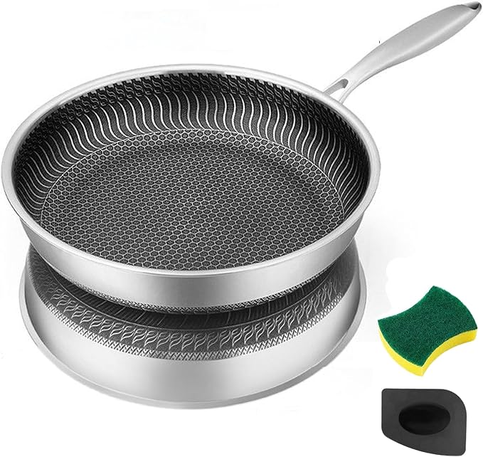 Non Stick Frying Pan,11.6 Inch Hybrid Nonstick Frying Pan,Non Stick Stainless Steel Skillet, Dishwasher and Oven Safe,Compatible with All Cooktops.