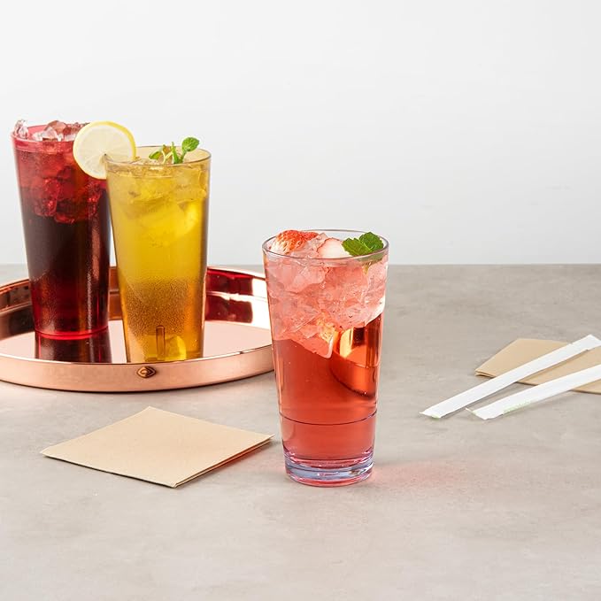 Restaurantware-Bev Tek 20 Ounce Clear Drinking Glasses, 10 Heavy-Duty Plastic Highball Glasses - Dishwashable, Stackable, Clear Plastic Cooler Glasses, For Serving Drinks At Catered Events