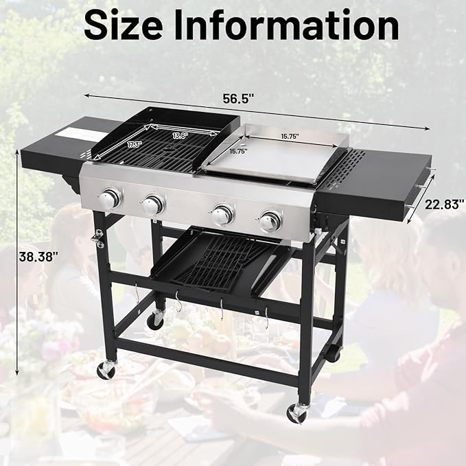 2 in 1 Propane Griddle Grill Combo 38200 BTU, 4-Burner Propane Gas BBQ Grill with 2 Foldable Side Table for Outdoor Cooking Camping Patio Backyard (propane+griddle)