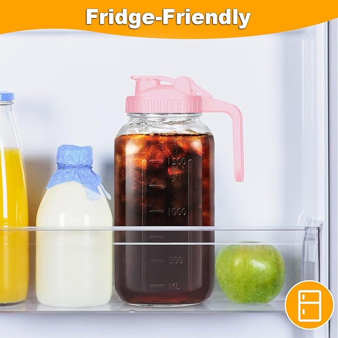 Mason Jar Pitcher, 64 OZ Breast Milk Pitcher Double Leak Proof with Pour Spout Handle, Wide Mouth Iced Tea Pitcher for Fridge, Creamer Container for Coffee, Sun Tea juice (Pink,1 Pack)