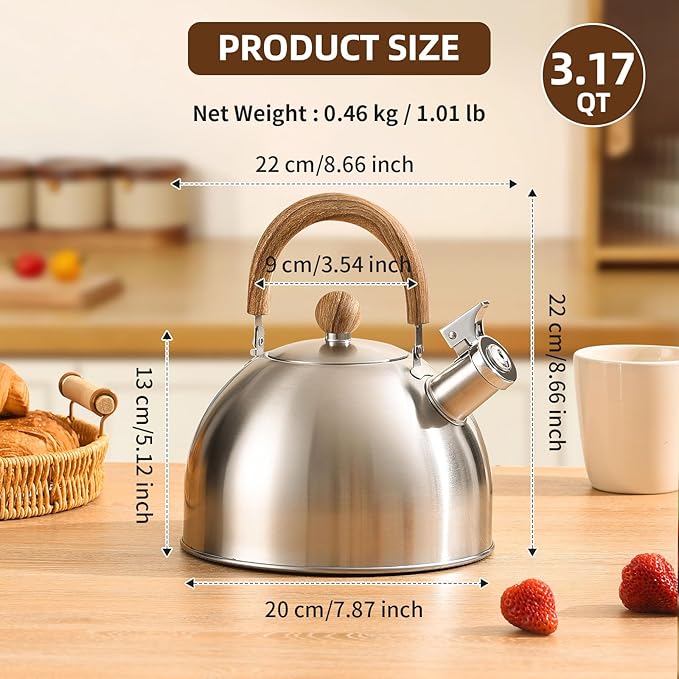 18/8 Stainless Steel Tea Kettle for Stovetop (3L / 3.17 Quart, Whistling Tea Pot, Wood Handle)-Silver