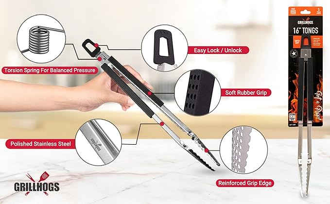 9" Long Stainless Steel BBQ Grill Tongs with Soft Grip Handle - 1 Pair, Black