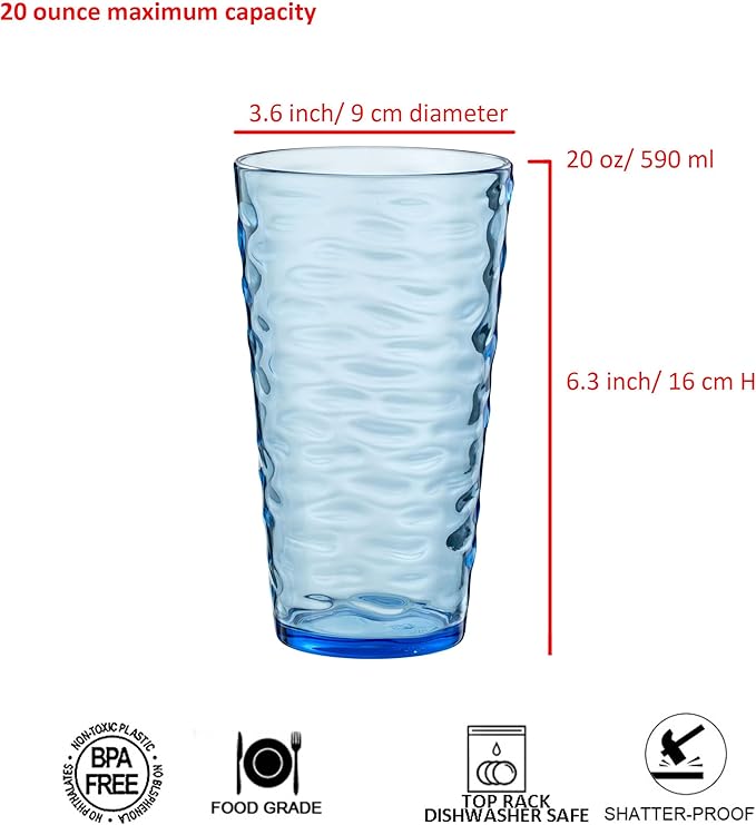 20-ounce Plastic Tumblers, Acrylic Drinking Glasses High-Balls, set of 6 Multicolor Reusable Plastic Cups, Stackable, BPA-Free, Shatter-Proof, Dishwasher-Safe