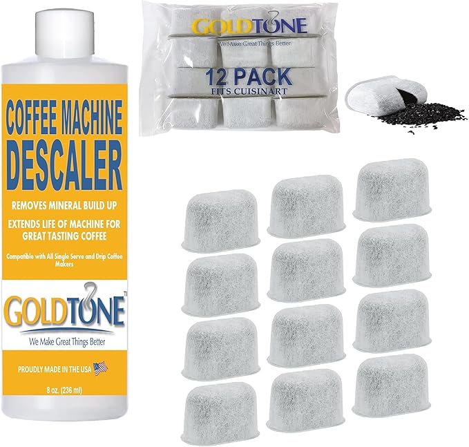 GOLDTONE 12 Pack Water Filters For CUISINART Coffee Maker Replacement Charcoal Water Filters For CUISINART Coffee Machines Cartridges Replace CUISINART DCC-RWF + Coffee Maker Descaler
