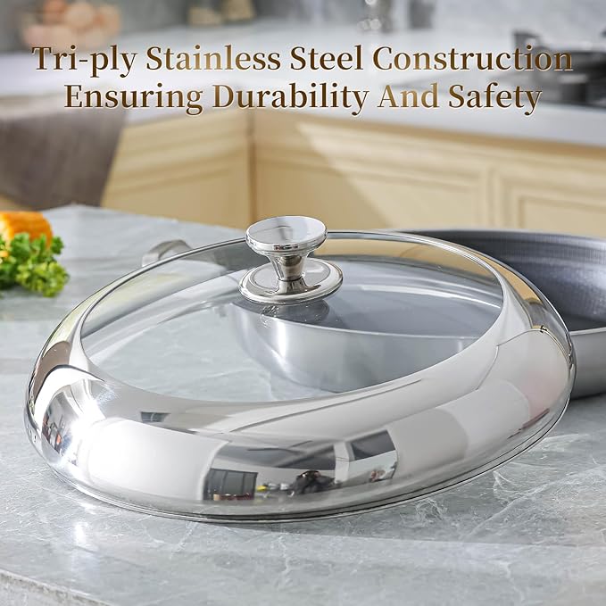 DELARLO Paella Pan With Lid 14 Inch Tri-Ply Large Stainless Steel Nonstick Frying Pan,Induction Skillets,Fast Heating Cookware,Indoors Outdoors,paelleras para 12 personas Jumbo Cooker