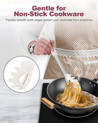 Silicone Spaghetti Spoon and Pasta Tong, Heat-Resistant Noodle Spoon Server, 13“ BPA-Free Spaghetti Strainer, Fork with Teeth and Stainless Steel Handle, Food-Grade Clip for Pasta, Beige