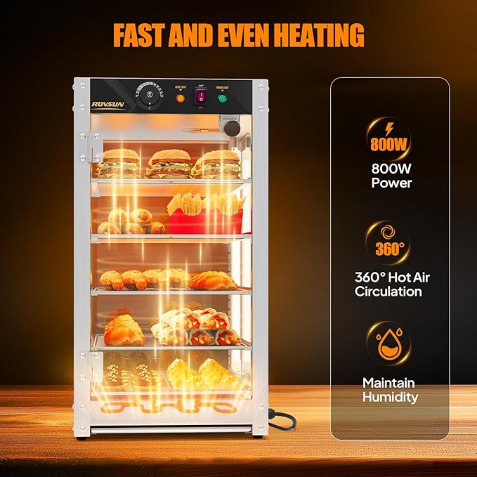 ROVSUN 5-Tier Commercial Food Warmer, 15" Pizza Warmer Food Warmer Display with LED Adjustable Lighting Glass Door Removable Shelves, Countertop Electric Food Warmer for Buffet Restaurant 110V 800W