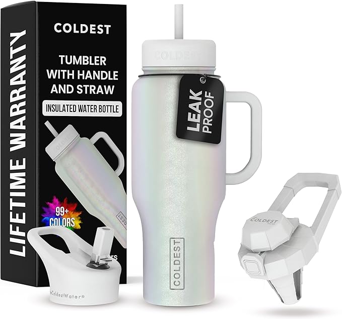 Coldest Tumbler with Handle and Straw - 100% Spill Proof Tumbler with Straw (3 Lids) - Stainless Steel Insulated Leakproof Tumblers for Women & Men - 36 oz (Cosmic Ice Glitter)