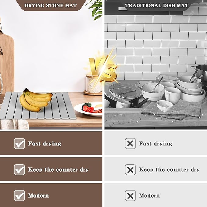 Stone Dish Drying Mat for Kitchen,Fast Dry and Quickly Absorbed Collapsible Drying Mat, 24"×16" Protection Kitchen Counter , Diatomaceous Earth Food Grade Stone Drying Trays (Deep Grey, 16*24 inch)