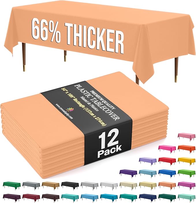 Exquisite 66% Thicker Premium Plastic Table Cloth Rectangle Table Cover 0.5 Mil 12 Pack Peach Table Cloth 54 Inch x 108 Inch Disposable Tablecloth Won't Tear Easily Like Cheap Thin Brands