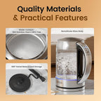 TOPZEE 1.7L Glass Electric Kettle for Coffee & Tea, Hot Water Boiler with 6 Preset Temperatures, Keep Warm and Memory Function, Auto Shut-off & Dry Boil Protection, BPA Free, Rapid Boil, 1500W, Silver