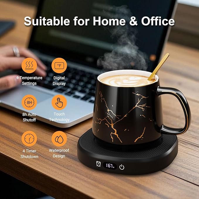 Coffee Mug Warmer & You are Awesome Mug Set, Electric Cup Warmer with Auto Shut Off, 4 Temperature Setting Smart Beverage Warmer, 8-Hours Auto Shut Off (Luxury Marbling Mug)