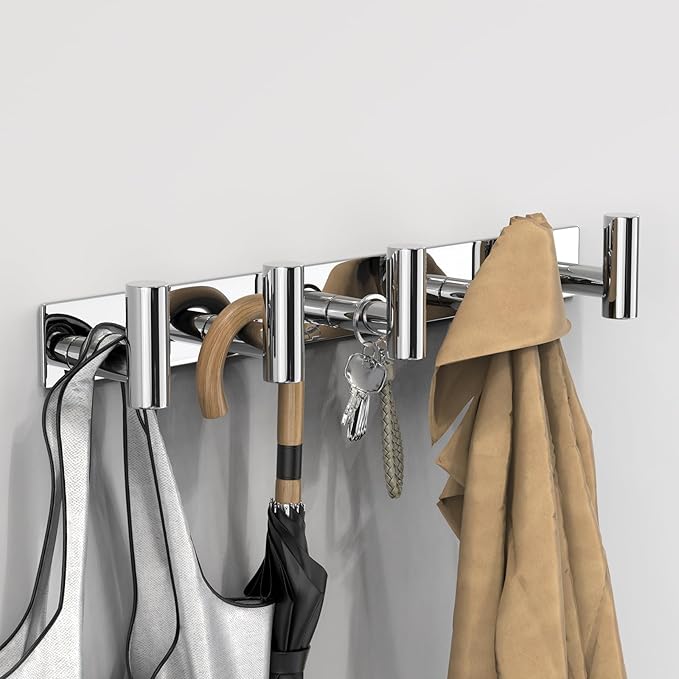 VAEHOLD Hat and Coat Wall Mount Rack - Hooks for Robes, Bags, Keys, and Towels - Bathroom Towel Hanger Organizer (Polished Chrome, “T“ Shape 5 Hooks 1 Pack)