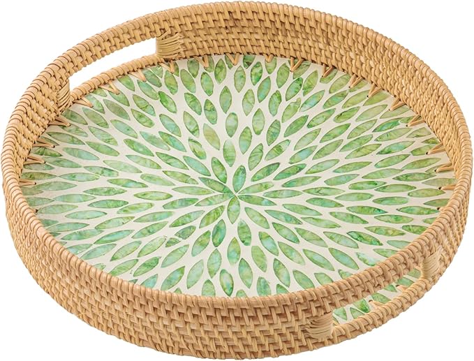 13.8 in Round Rattan Serving Tray with Handle, Mother of Pearl Inlay Wooden Base, Decorative Wicker for Table, Kitchen Island & Home Decor (Green Leaf)