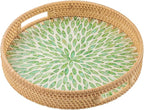 13.8 in Round Rattan Serving Tray with Handle, Mother of Pearl Inlay Wooden Base, Decorative Wicker for Table, Kitchen Island & Home Decor (Green Leaf)