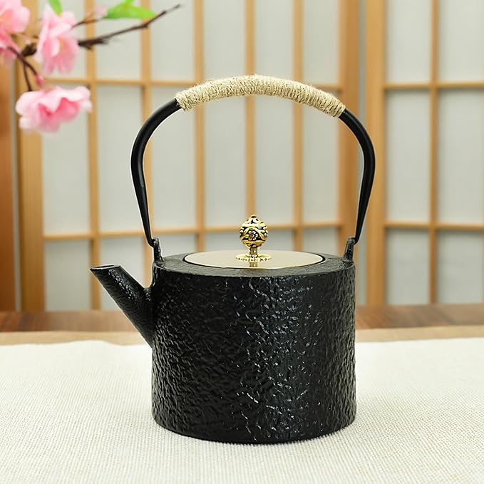 40.6oz Cast Iron Teapot for Stovetop, Japanese Black Tetsubin with Enamel, Tea Pot with Stainless Steel Infuser for Loose Tea, 1200ml Small Tea Kettle(Cylindrical Shape)