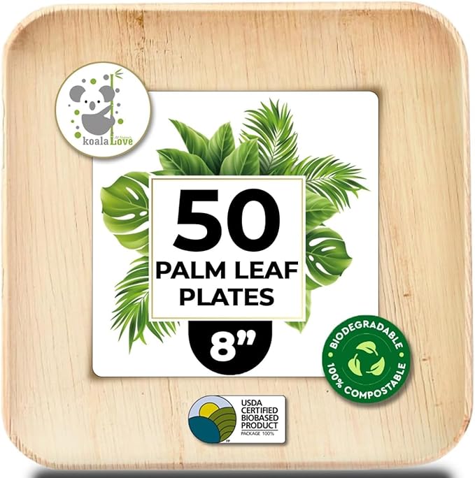 Palm Leaf Plates Bamboo Paper Plate Disposable 8 Inch 50 Bulk Appetizer Square Party Tableware Pack Biodegradable Compostable Wood Plate Better Plastic By KoalaLove