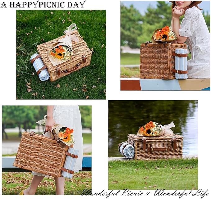HappyPicnic Wicker Picnic Basket Set for 4 Persons | Large Willow Hamper with Large Insulated Cooler Compartment, Waterproof Blanket and Cutlery Service Kit-Classical Brown