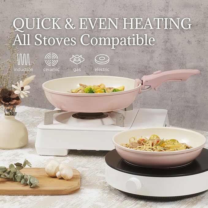 Ceramic Cookware Set Non Stick 8Pcs Pots and Pans Set Detachable Handle Induction Kitchen Cooking Set with Frying Pans Oven Dishwasher Safe, PFAS/PFOA Free, Pink