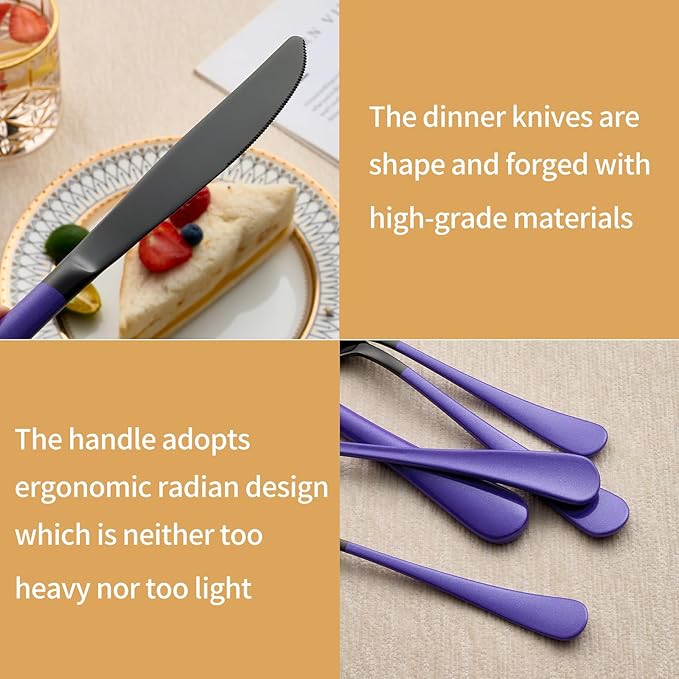 20-Piece Black and Purple Silverware Set 18/0 Stainless Steel Silverware Set Lake Blue Handle Cutlery Set Service for 4 Dinner Knives Forks Spoons Set Flatware Set Finish Dishwasher Safe