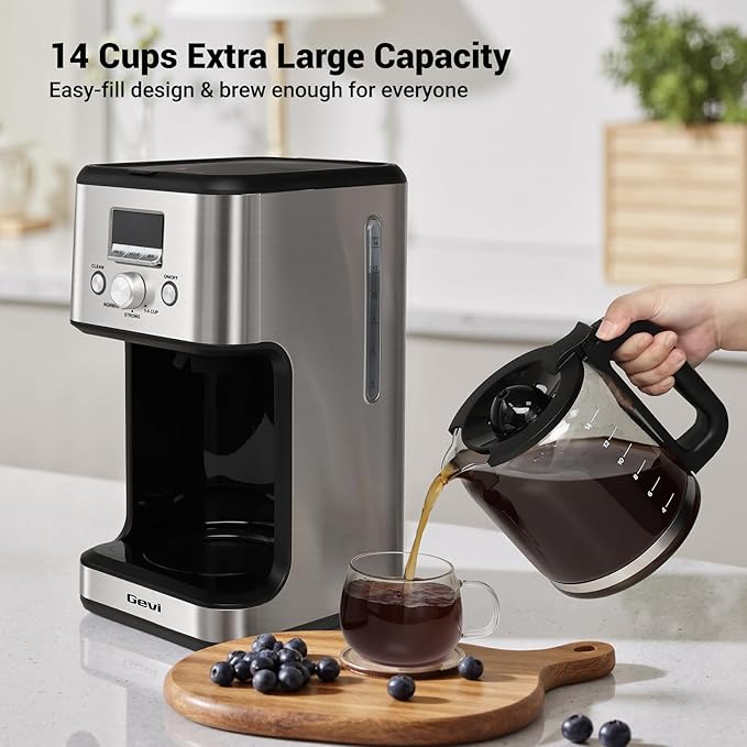Gevi 14-Cup Drip Coffee Maker, Programmable with Timer for Home & Office, 2-Hour Warm, Pause & Serve, Glass Carafe