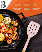 Pack of 2 Silicone Spatula, Non Stick Cooking Utensil Set Wooden Handle Kitchen Turner for Baking Mixing Grilling Serving Food Heat Resistant Non Scratch Hooks Included (Pink)